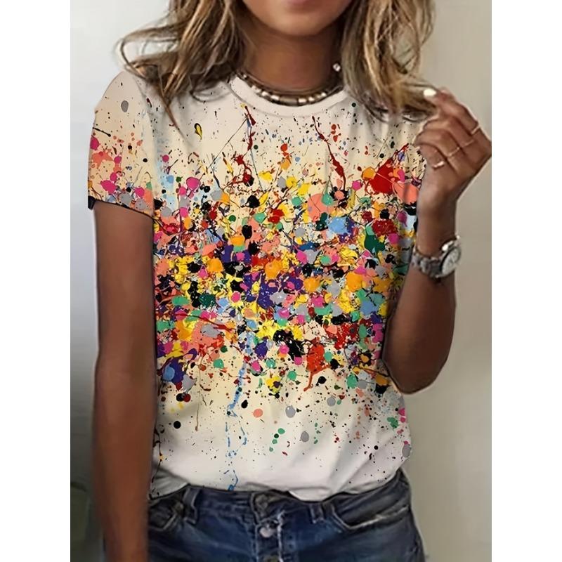 

The colorful splashed pattern on the ladies T-shirt is an energetic abstract art design, suitable for daily casual wear. XL
