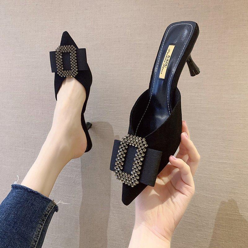 Fashion Autumn New Baotou Slippers Women's Fashion Pointed Head Shallow Mouth Rhinestone Square Head Temperament High Heels