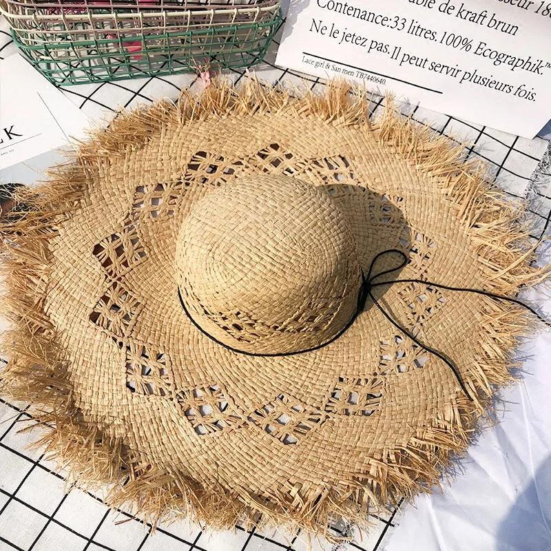 New Summer Straw Hat Hollow Ladies Beach Sun Hat Womens Large Brim Leisure Solid Color Fur Edge Raffia Straw Hat