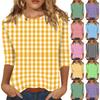 Women's Fashionable Casual Three-Quarter Sleeve Checked Print -Neck T-Shirt Top