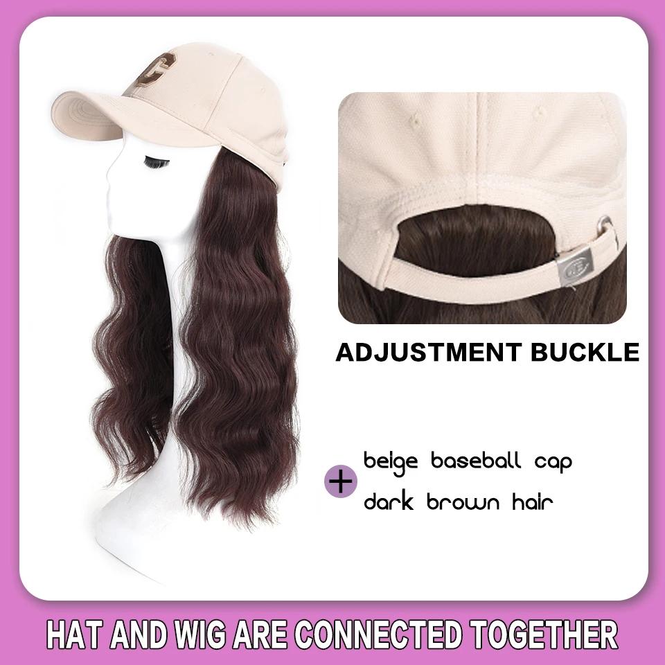 Elegant Women'S Black Baseball Cap With Adjustable Hat Wig - Long Straight Synthetic Hair, One Piece