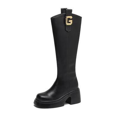 Kuhhaut Herbst Winterschuhe Reitstiefel Runde Zehen Warm halten Metalldekoration Dicke Unterseite Oberschenkelhohe Stiefel