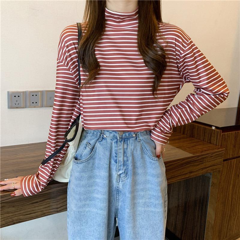 Real shot h turtleneck bottoming shirt women's autumn and winter velvet inner versatile loose striped long sleeves