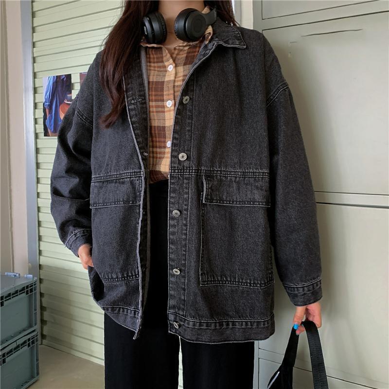 Dámská džínová bunda, Dámská krátká volná džínová bunda s dlouhým rukávem