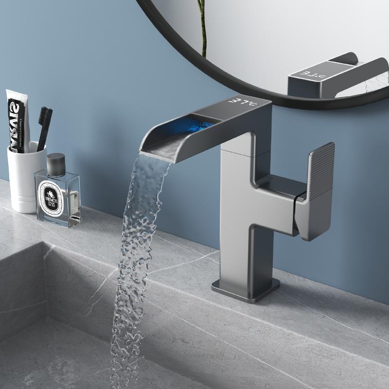 Basin Faucet Waterfall LED Light Temperature Digital Display 360 Degree Rotation Hot Cold Water Sink Mixer Wash Tap For Bathroom