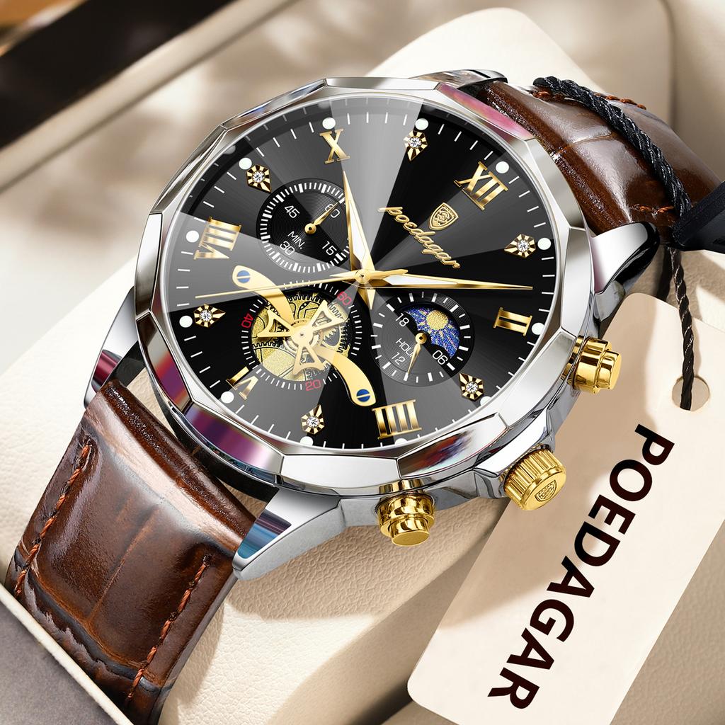 Luxury Men Wristwatch Quartz Waterproof Luminous Moon Phase Chronograph Leather Man Watch Male Reloj