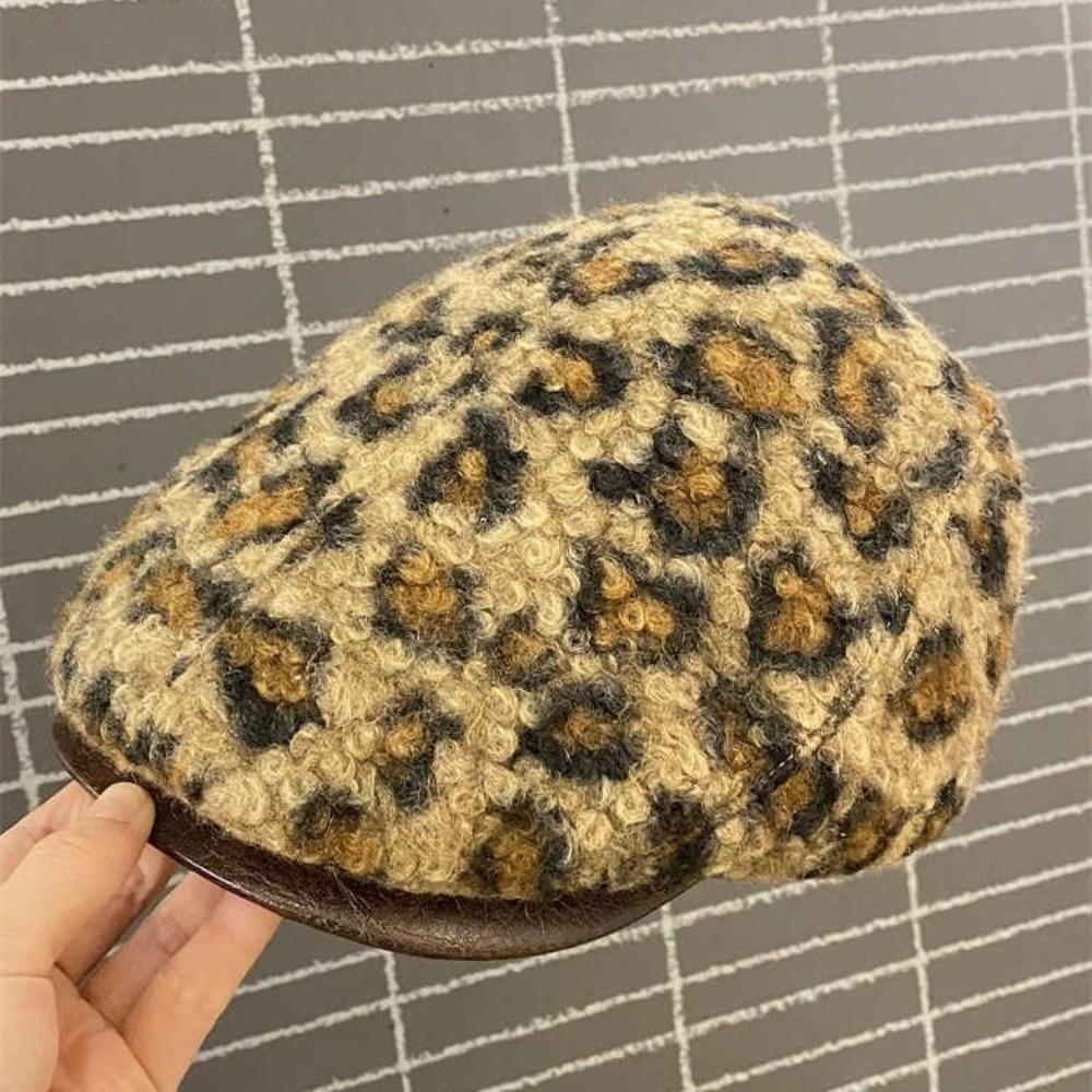 Keep Warm Leopard Print Berets Pu Leather Brim Women Newsboy Caps  Autumn Winter