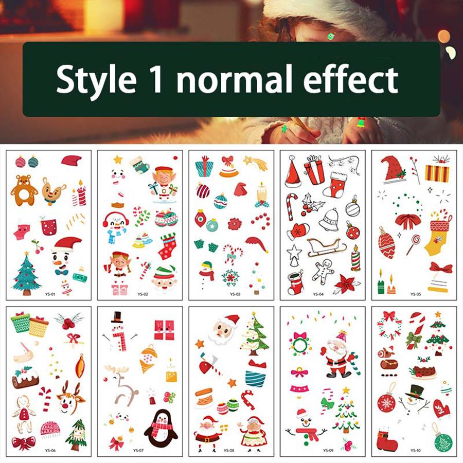 10pcs Luminous Tattoo Stickers Christmas Theme Waterproof Temporary Tattoo Santa Reindeer Tree Candy Design Holiday Makeup Decor