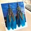 Bohemian Retro Style Feather Fringed Earrings, Bronze Leaves Elegant Exaggerated Earrings Women's Ear Jewelry