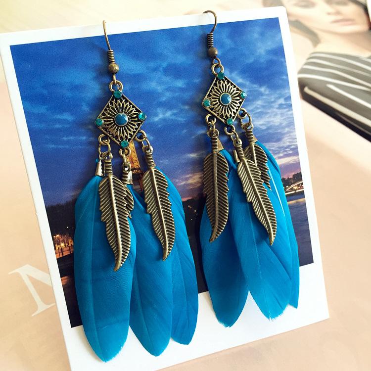 Bohemian Retro Style Feather Fringed Earrings, Bronze Leaves Elegant Exaggerated Earrings Women's Ear Jewelry