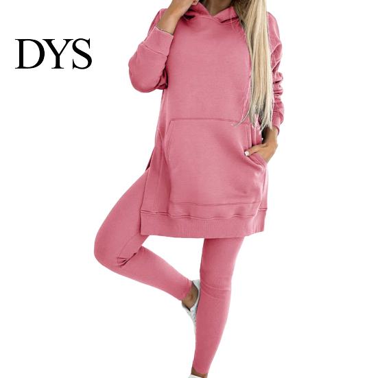 Women Tracksuit 2 Pcs/Set Lady Top Pants Set Hooded Long Sleeve Slit Hem Hoodie Stretchy Auutmn Trousers Waist Slim Fit Sport Fitness Casual Homewear
