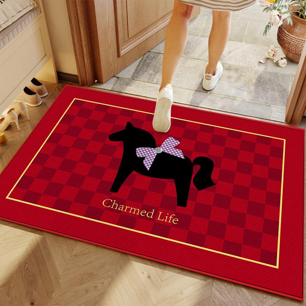 Red Cartoon Horse Welcome Doormat, Non‑Slip Anti‑Dirt Floor Mat, Vintage Cute Animal Print Entrance Rug, Decorative Carpet For F
