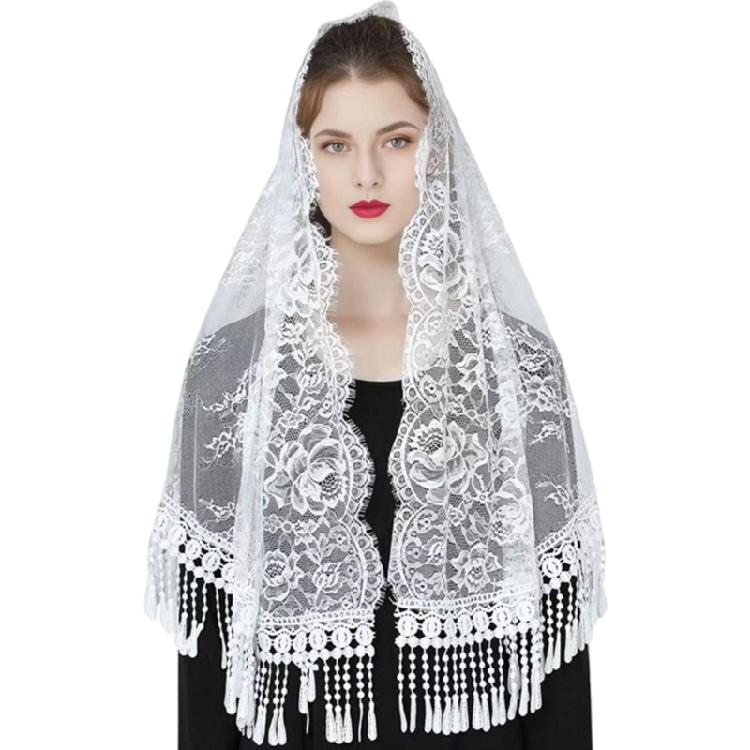 Woman Mantilla Floral Veil Lace Mantilla Veil Tasseled Shawl Headwear Mantilla