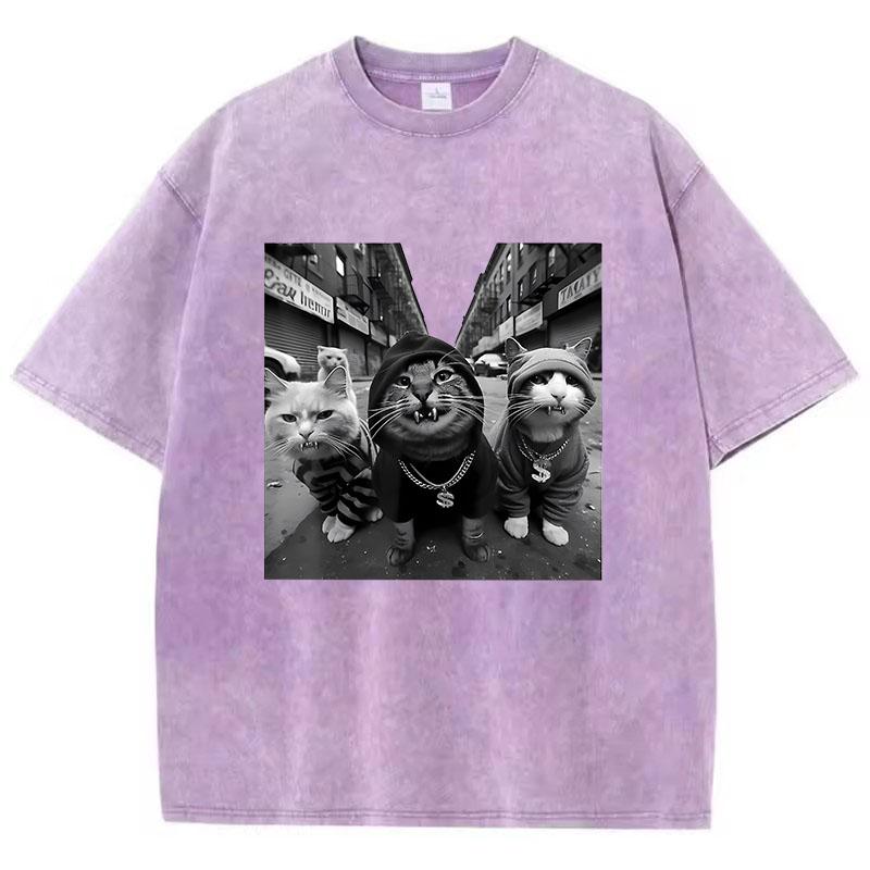 Streetwear Cat Hip Hop T Shirt Vintage Washed Cotton T-Shirt Graphic Tee Casual Streetwear Spring Summer Tee