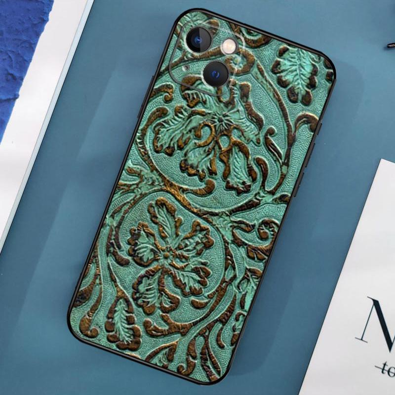 Brown Tooled Leather Pattern Case For iPhone 15 11 12 13 14 Pro Max 12 13 Mini X XS Max XR 7 8 Plus SE 2020 Cover Coque