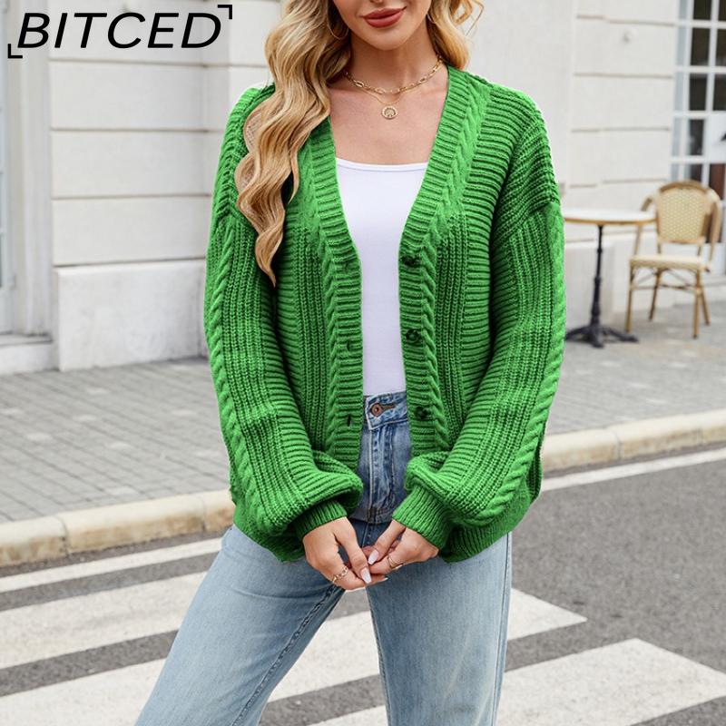 BITCED Relaxed-Fit Oversized Cardigan Autumn/Winter Long-Sleeved V-Neck Cable-Knit Sweater