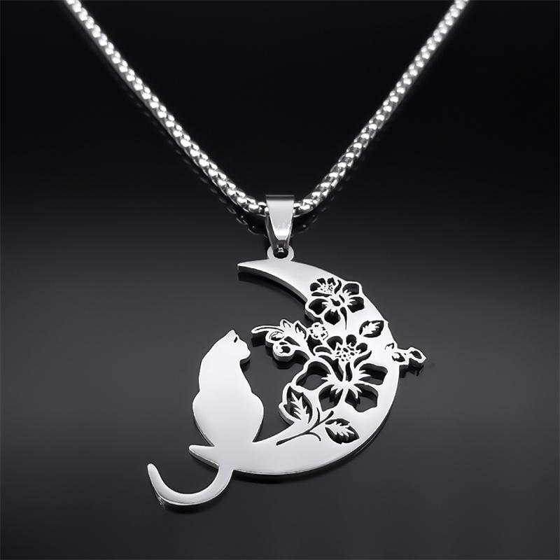 Aesthetic Cat Flower Moon Crescent Necklace for Women Men Stainless Steel Silver Color Bohemia Chain Gift Jewelry Collar 3220