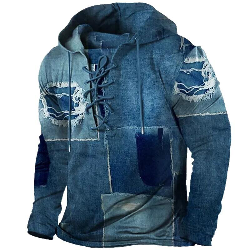 Size Men's Outdoor Retro Lace-up Long-sleeved Hoodie Autumn and Winter Casual Lace-up Sweatshirt For