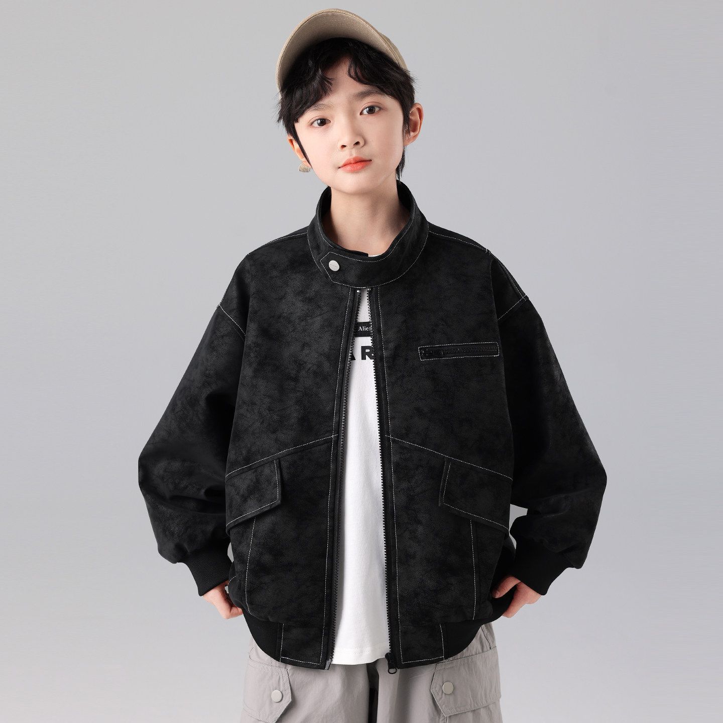 Boys  Spring Jackets, Autumn Motorcycle Coats, Leather Jackets, Spring Outerwear for Older Children. 140 чёрный