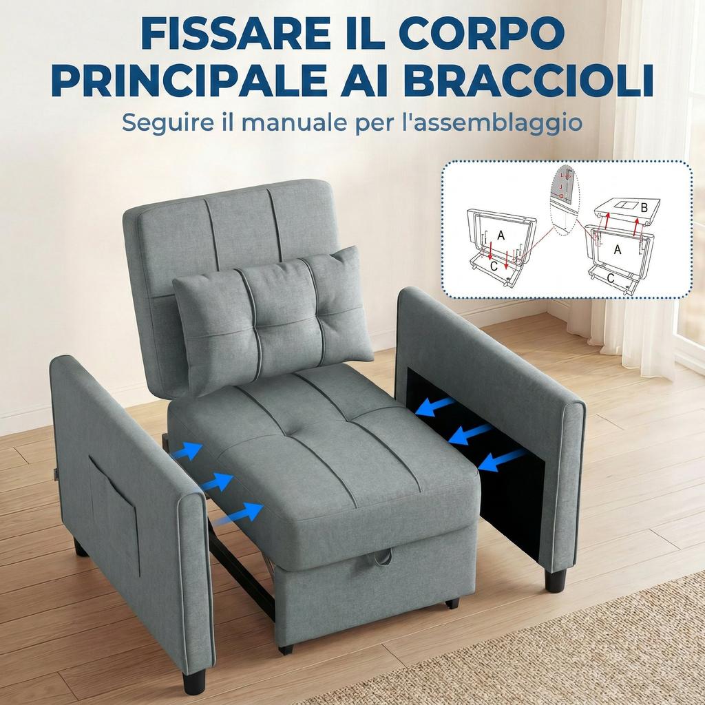 Foldable Convertible Sofa Bed with Adjustable Backrest and Cushion, Grey