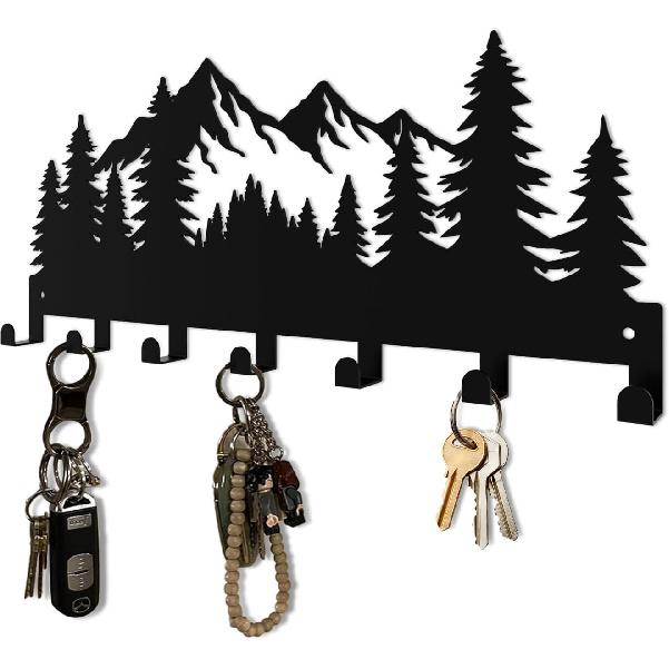 Key Holder Wall Mounted Key Hooks, Black Metal Key Rack Hooks, The Great Grove, Mountain Theme Wall Decoration Hooks, with 7 Hooks, Applicable to Black-452