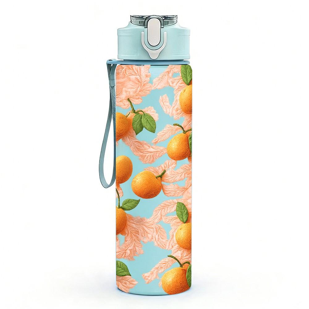 1PC Orange Citrus Fruit 750ml Color Plastic Sports Water Bottle Leakproof Flip Straw Lid Suitable for Sports Office Home Use