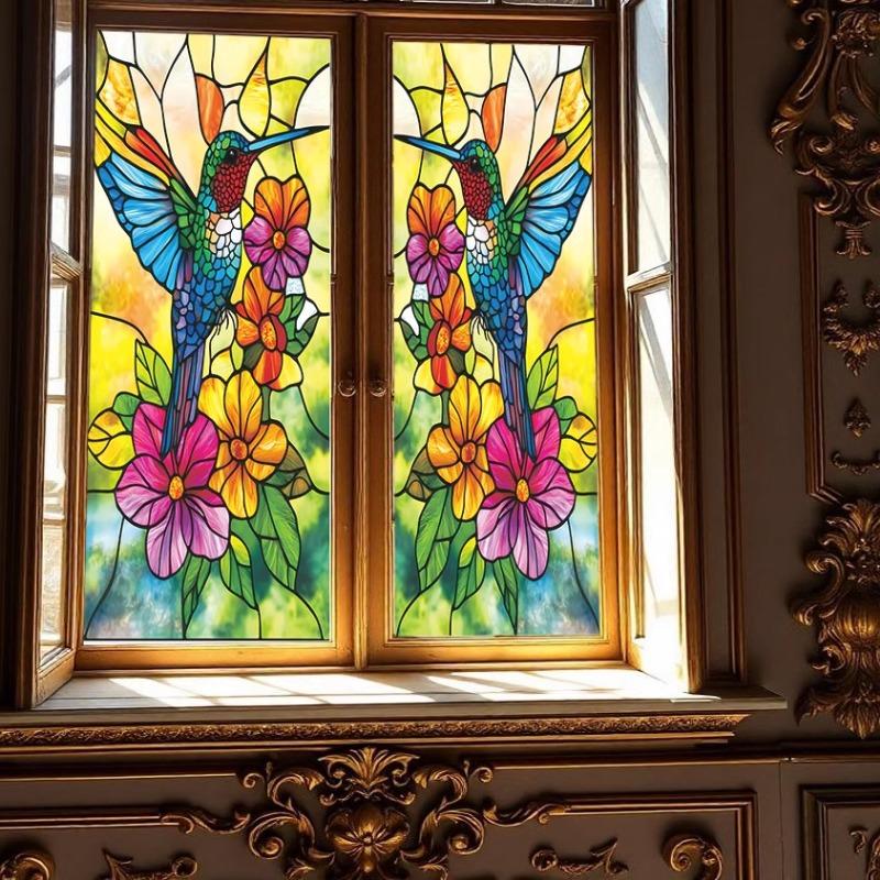 Colorful Window Glass Electrostatic Stickers Retro Flowers Birds Stickers Removable Window Privacy Stained Decor Film For Home