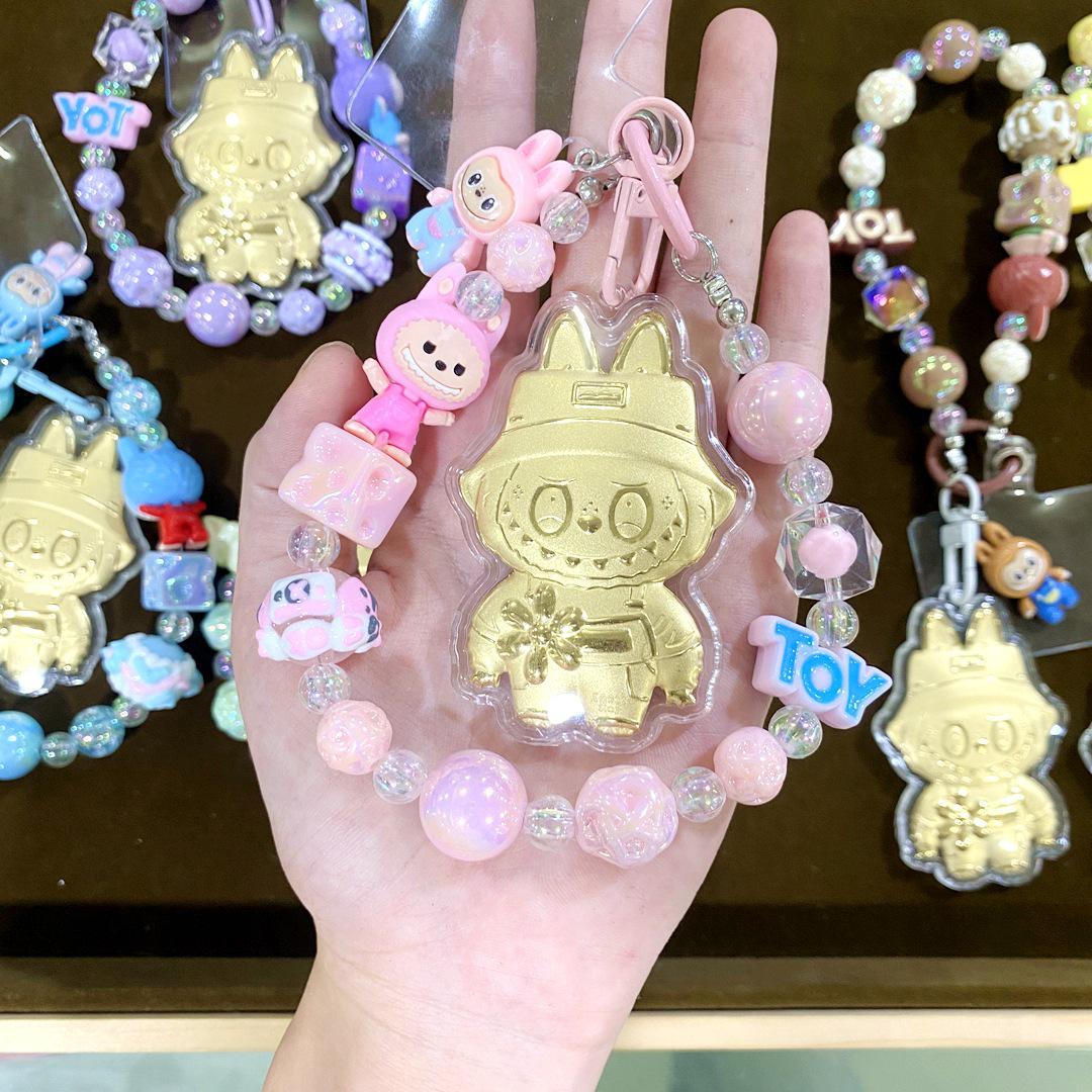 Shuibei Style 999 Pure Gold Cartoon Labubu Phone Chain Keychain Rope розовый