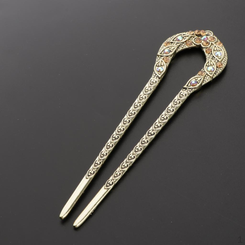 

Retro Rhinestones U Shape Hair Chopsticks Chinese Bun Pin Clip Jewelry Champagne