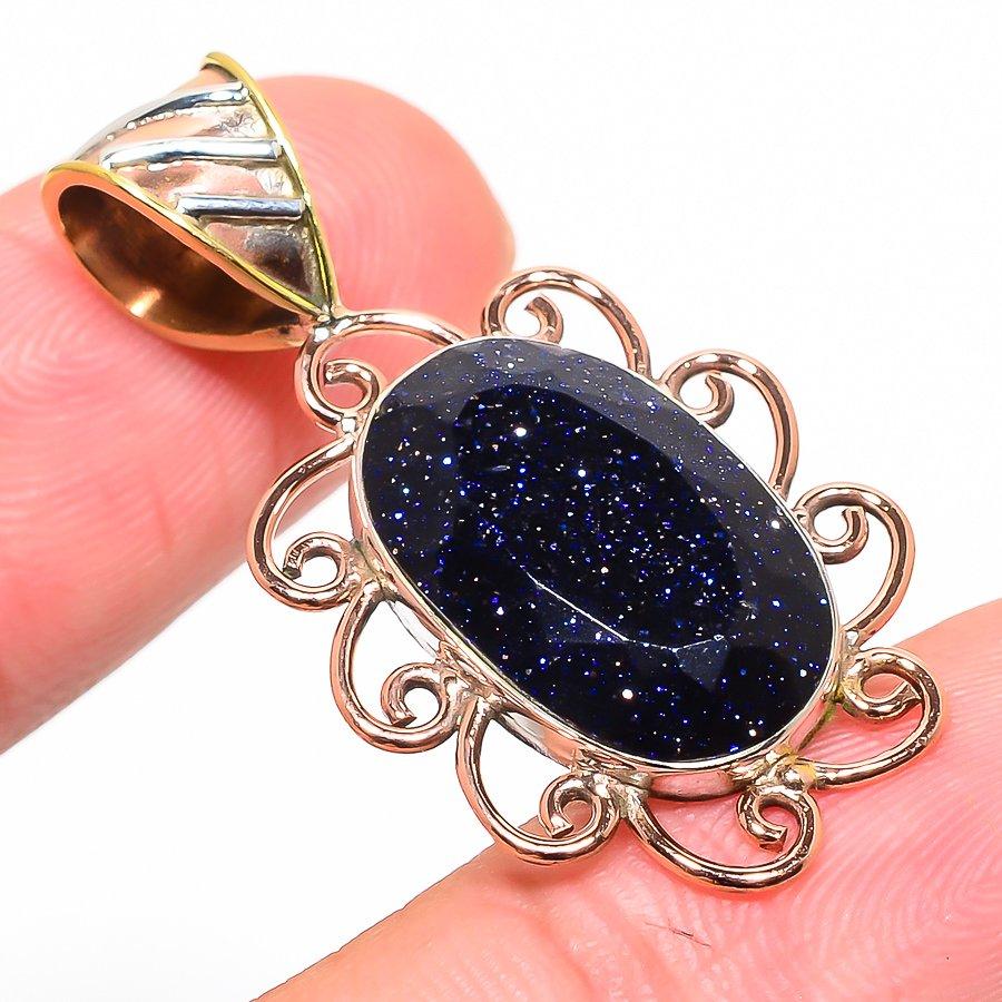Natural Blue Sunstone Two Tone 925 Solid Sterling Silver Gift Pendant 1.50" i1E06