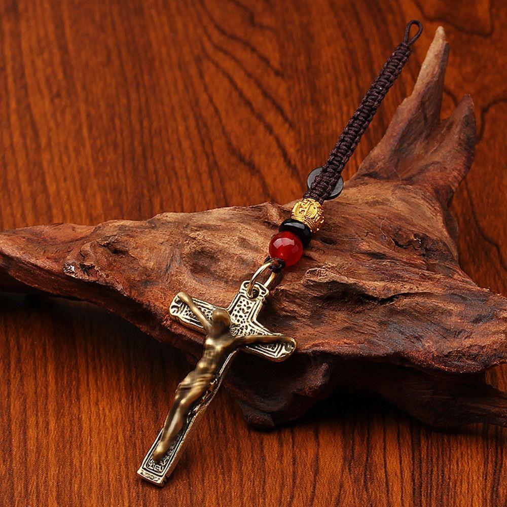 Cross Shape Jesus Statue Keychain Pure Copper Chapel Hanging Ornaments  Car Keychain