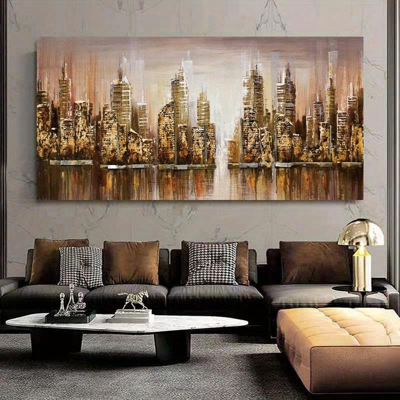 Texture Abstract Panoramic City Skyline Painting Canvas Painting Wall Art Painting Black Gold Artwork Living Decor