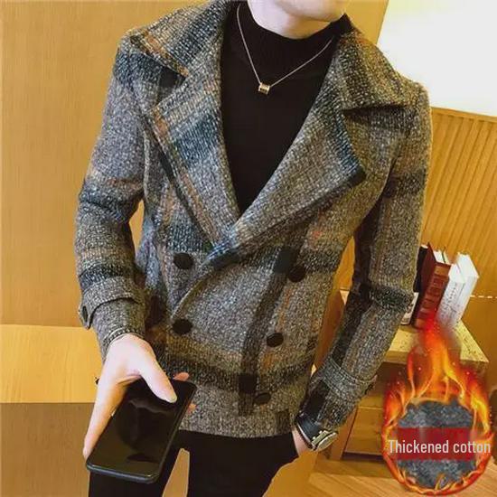 Men's 2022 Korean Style Plaid Woolen Short Coat - Trendy & Handsome for Autumn/Winter