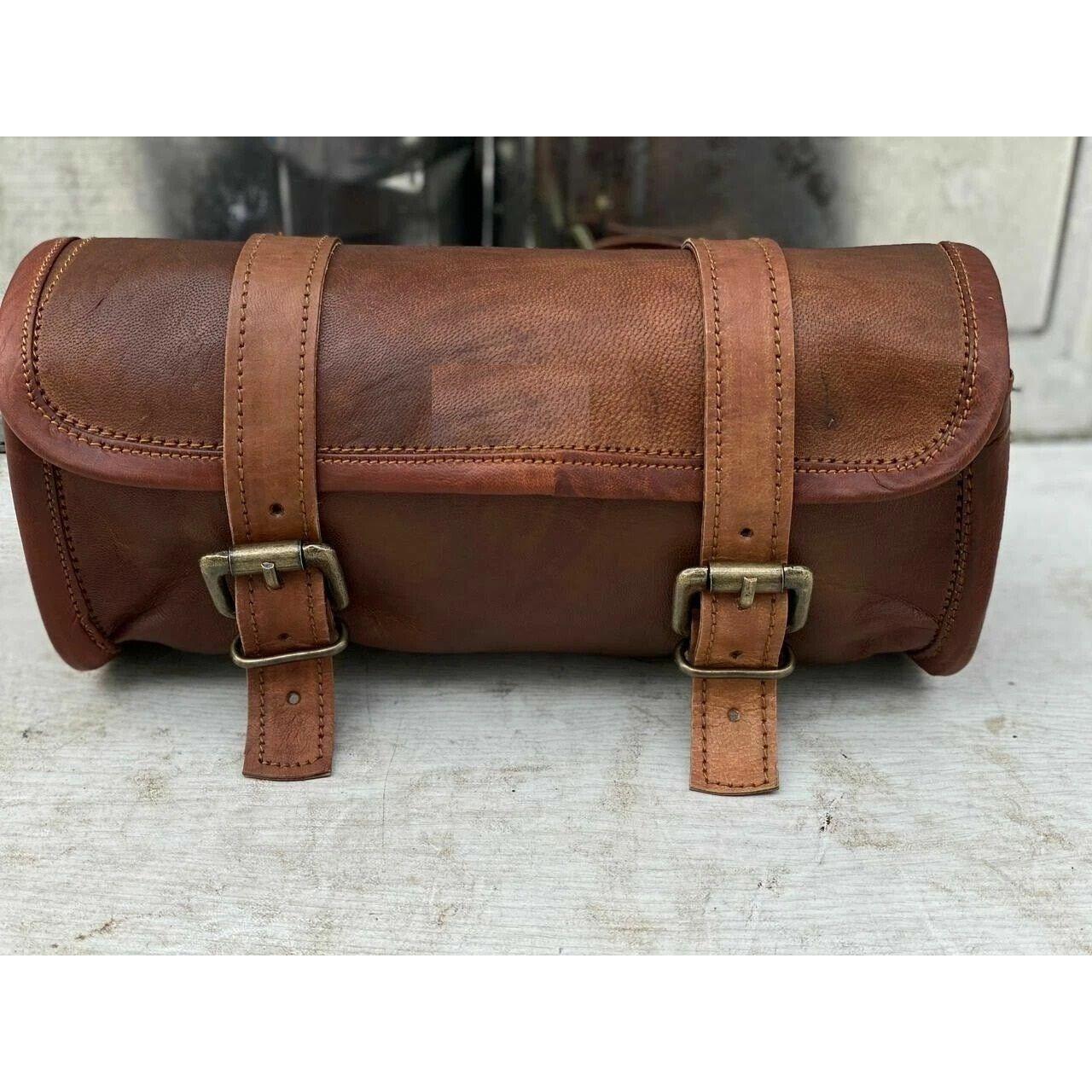 

Handmade Goat Leather Brown Motorcycle Side Saddle Bags Storage Tool Pouch 9 x 5 x 4 in