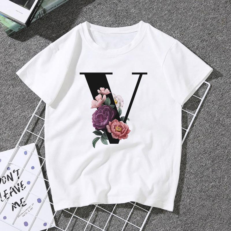 A B C D E English Alphabet Print T Shirt Women Short Sleeve Couples Lovers Female