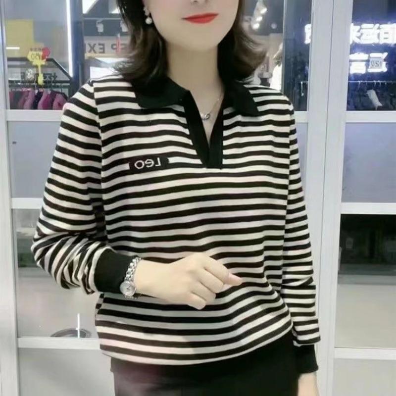 

Новая полосатая футболка с длинным рукавом для женщин, модные топы с лацканами, приталенная и омолаживающая базовая рубашка на весну и осень 4XL белый