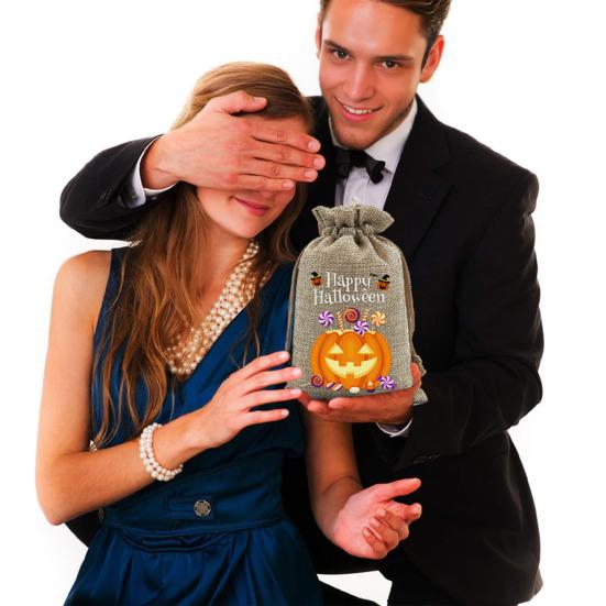 12Pcs Halloween Pumpkin Burlap Gift Bags Small Drawstring Goodie Treat Bag Halloween Linen Jute Candy Bag for Kids Trick or Treat Party Supplies