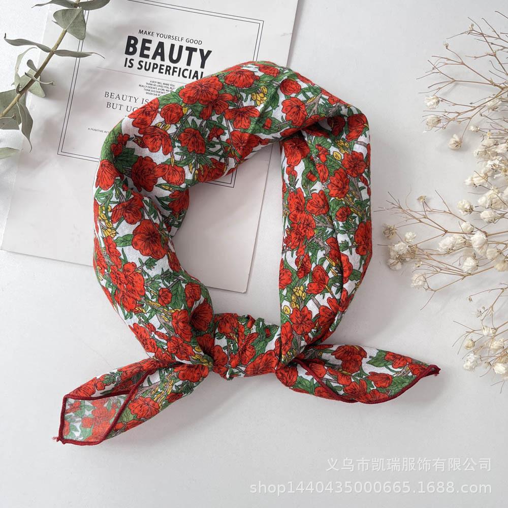Silk Scarf Small Square Scarf Women'S Cotton And Linen Scarf Fresh Small Floral Encrypted Decorative Retro Headband Exquisite