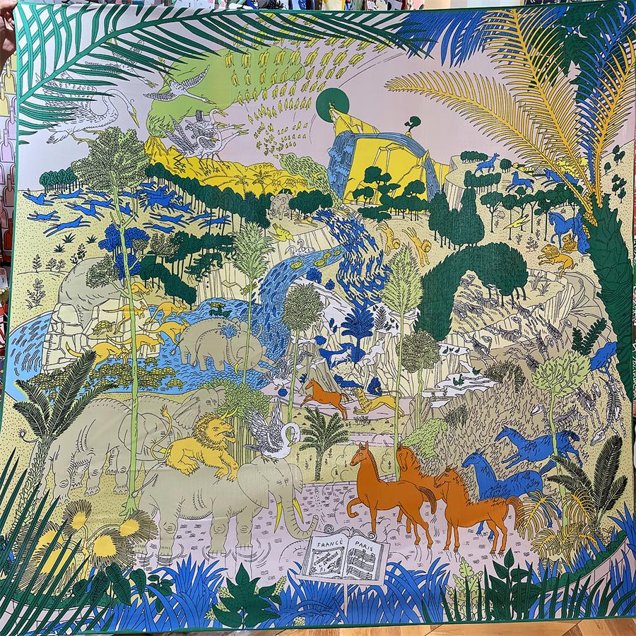 

POBING Silk Cashmere Scarf Women Hand Rolled Jungle Animals Print Square Scarves Wraps Bandana Big Hijabs Female Foulard 135CM 135CM x 135CM