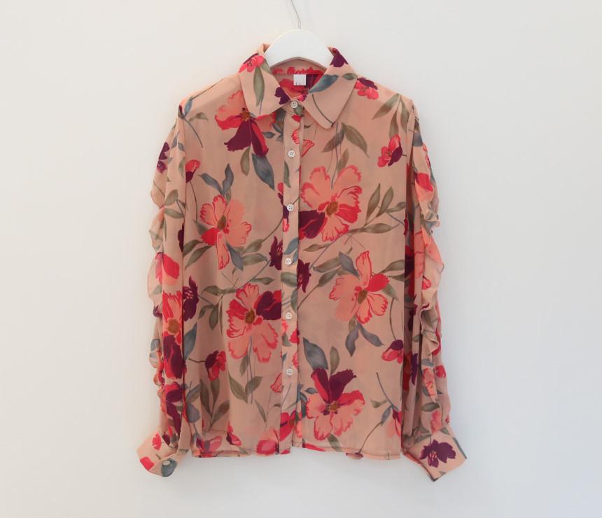 Elegant Floral Chiffon Slim Fit Long Sleeve Top