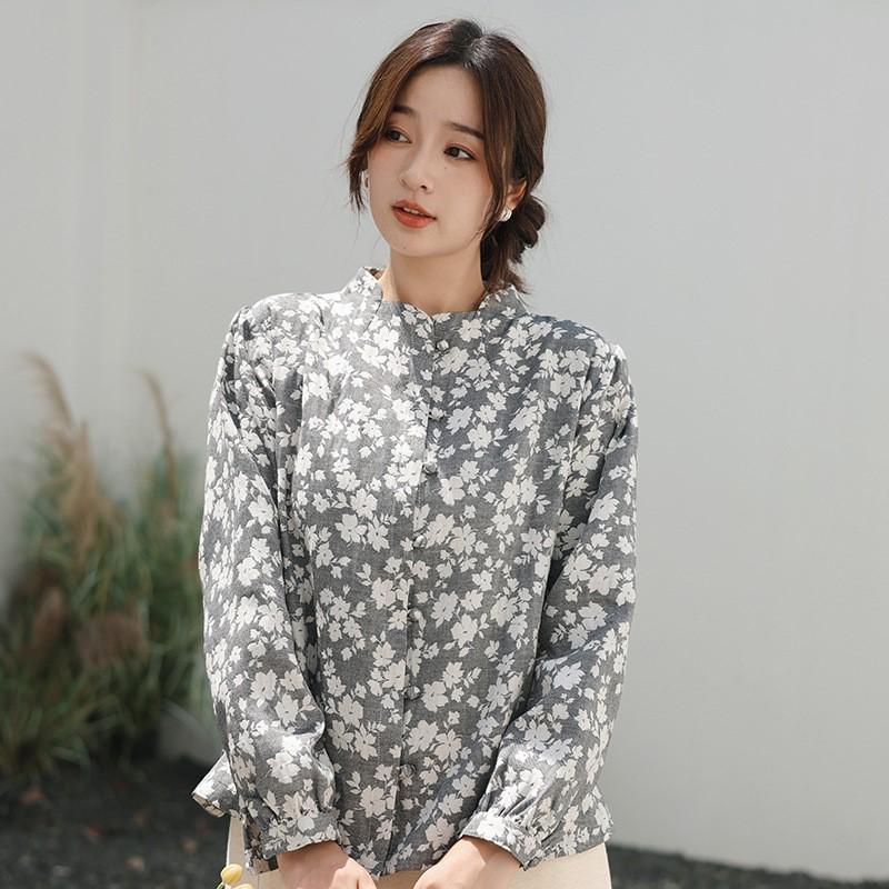 Johnature Women Vintage Shirts Tops Print Floral Stand Long Sleeve Autumn Blouses Button Shirts