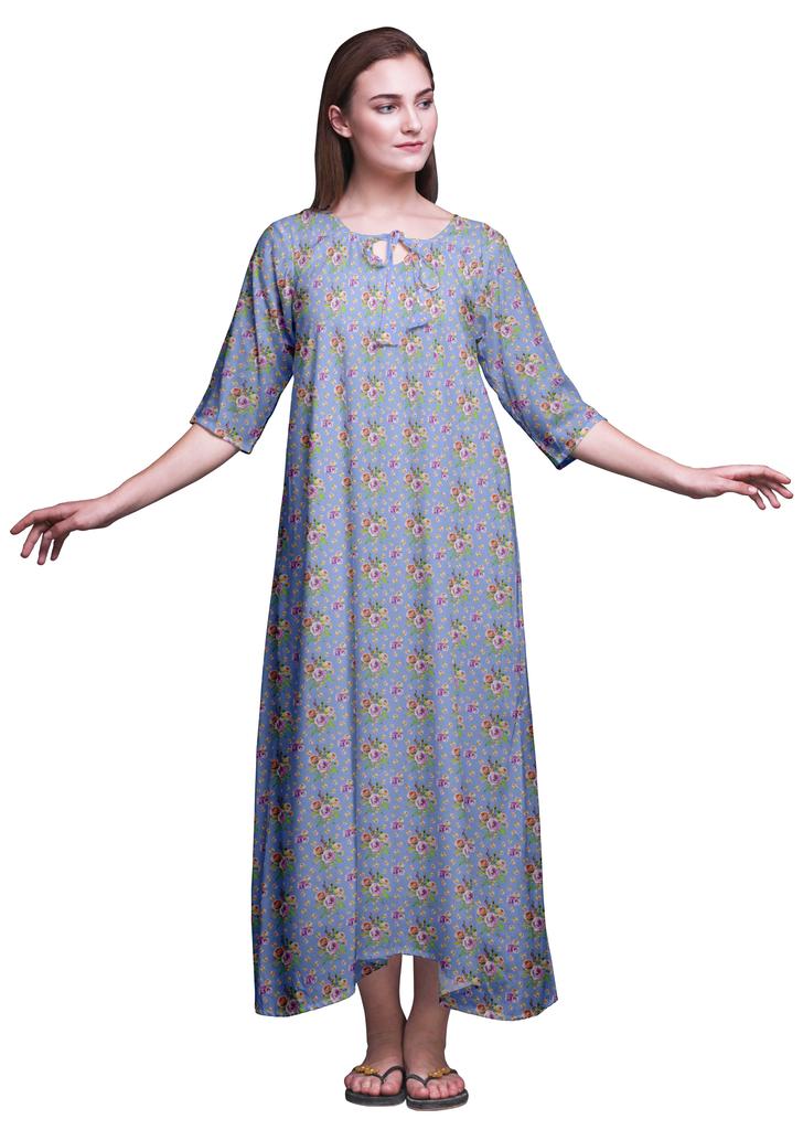 Bimba Dark Rose Brown Floral Leaves & Camellia Kanjiro Printed Nightgowns Maxi Sleepwear For Women Long Sleep Dress