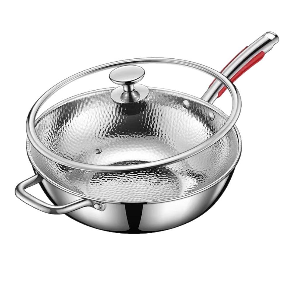 Stainless Steel Frying Pan Nonstick Cooking Skillet Household Flat Bottomed Uncoated Wok Easy to Clean for Home Kitchen Cookware