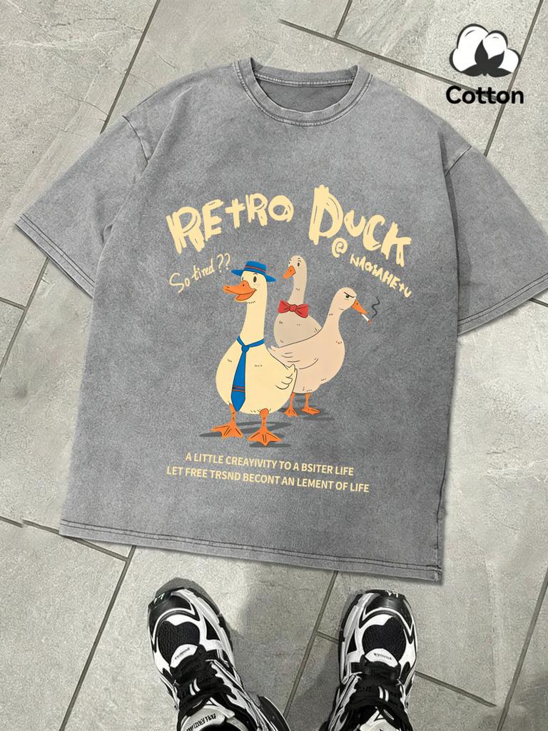 Retro Duck DoesnT Feel Tired Retro Men TShirt Wash Casual Cotton Tee Fashion Loose Short Sleeve Unisex Street Clothing