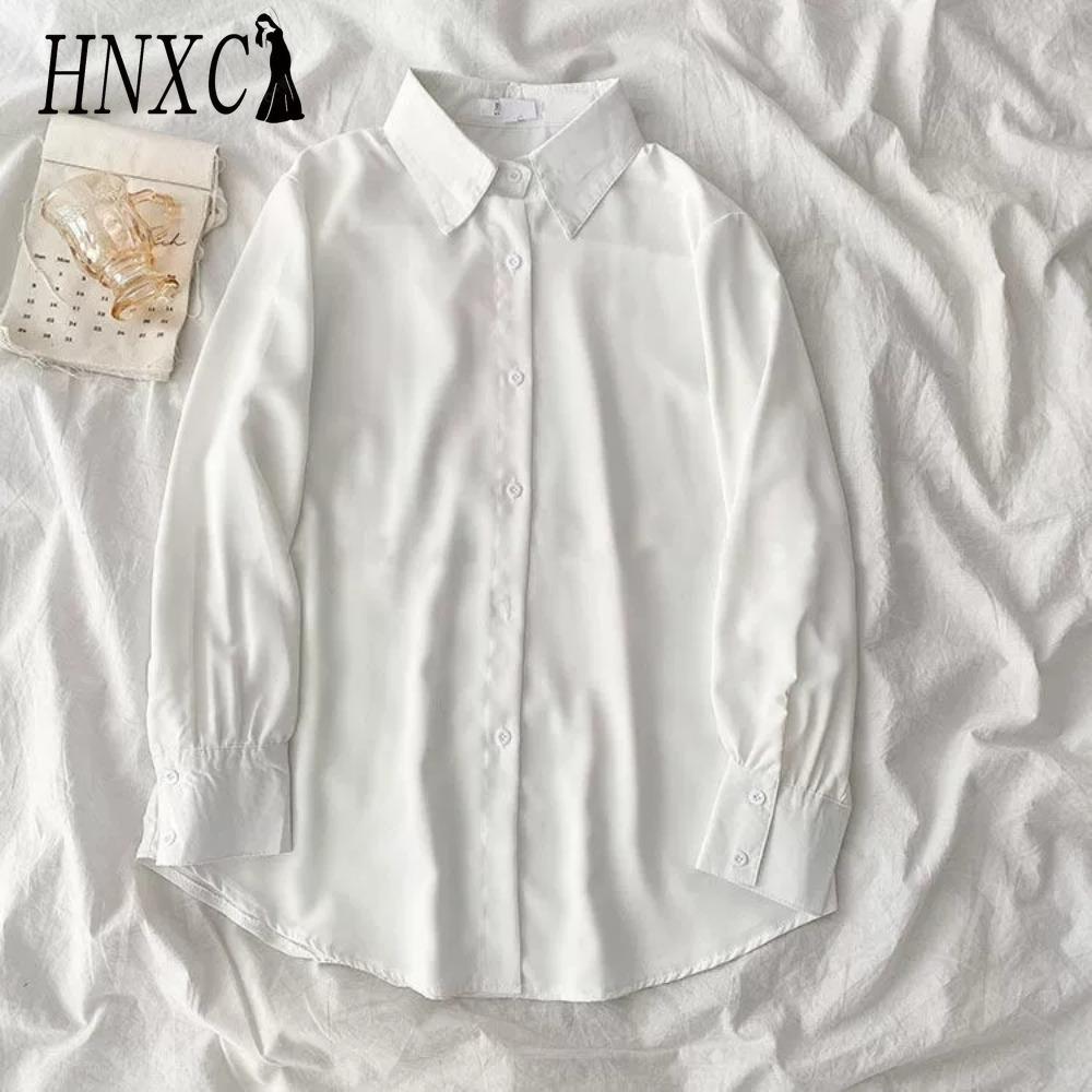 

HNXC Жіночі Модні Повсякденні Однотонні Блузки та Сорочки з Принтом з Довгим Рукавом та Комірцем ПОЛО M білий