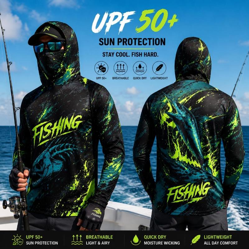 Men's Hooded Fishing Shirt UPF Sun Protection Breathable Long Sleeve Quick Dry Outdoor Angling Jersey With Face Cover