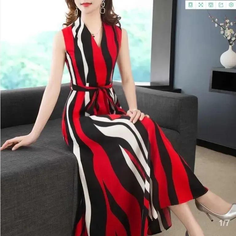 Summer New Bohemian Stripe Fashion Versatile Sleeveless Dress Women's Medium and Long Pendulum Bottom Dress