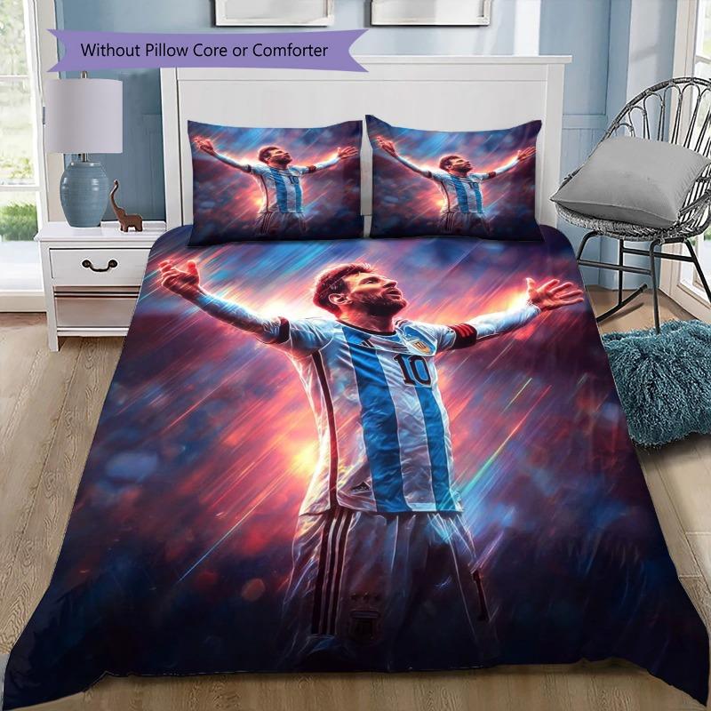 Lionel Messi 3pcs Duvet Cover Set, Argentina Football Star Print Bedding Set, Soft Microfiber Bed Cover with 2 Pillowcases Soccer Fan Home Decor