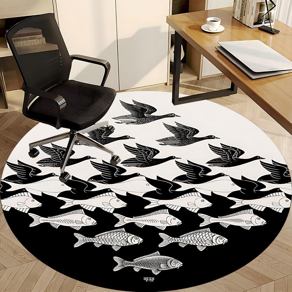 1pc Fish Birds Office Round Area Rug, Indoor Mat Suitable For Office, Under Office Chairs Bedroom Living Room Home Decor, Room Deco