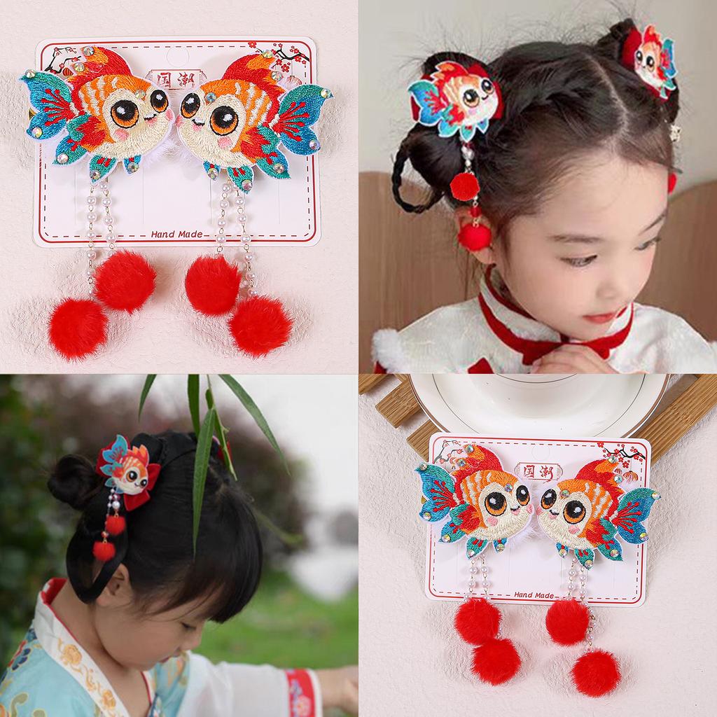 2pcs Chinese New Year Decorations Hair Clips Children Kids Tassel Bows Clips Barrettes Girls Children Party Hair Accessories